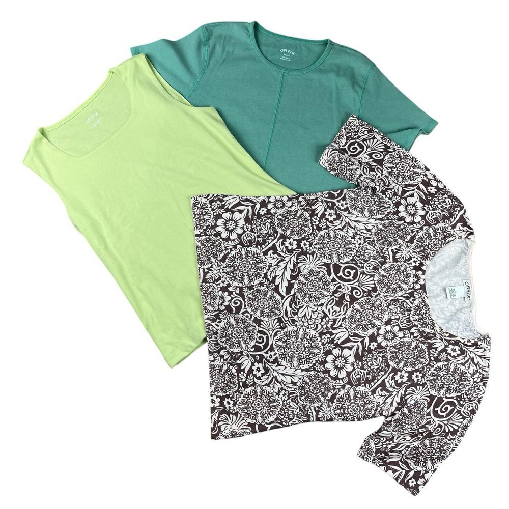 Orvis Short Sleeve Sleeveless Shirt Set Of 3‎ Green Brown Floral Women's Size M